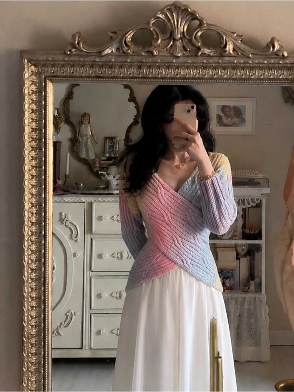 Pastel Ombre Cable-Knit V-Neck Sweater